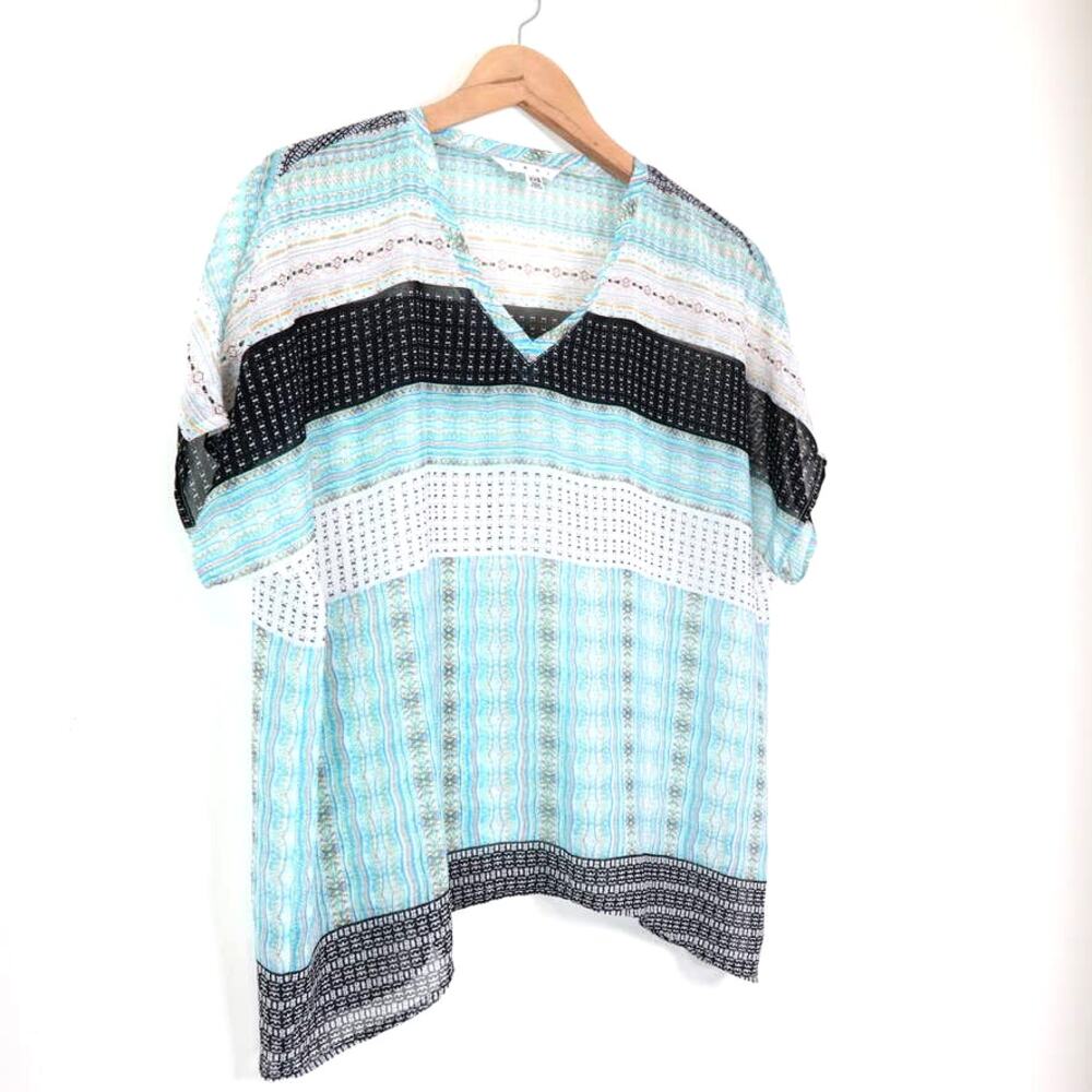 Cabi Size XXS Oversize Sheer Blouse 328 Short Sleeve Stripe Aqua Blue - Picture 3 of 10